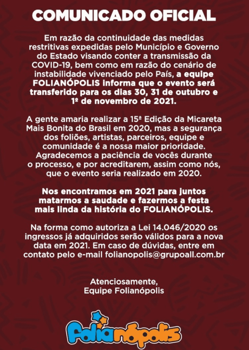 Folianópolis - Alteração de Datas - Comunicado Oficial 3